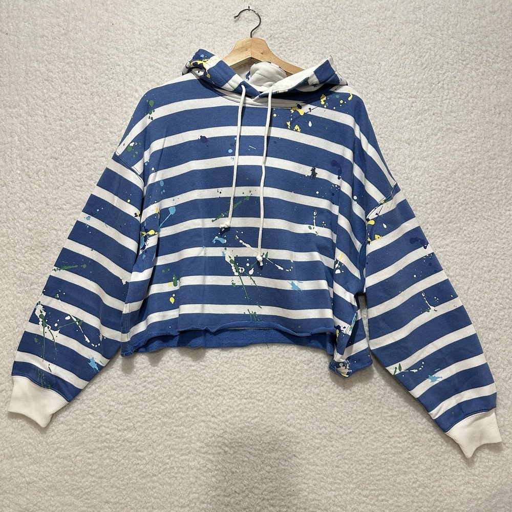 Polo Ralph Lauren Cropped Striped Fleece Paint Splatter Hoodie Size‎ L NWT$148